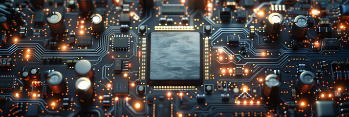 overhead view of a circuit board being assembled, science and technology in action, realistic photography, copy space