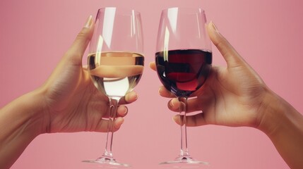 Two hands holding wine glasses and toasting.