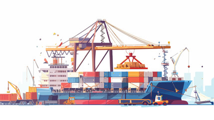 Cargo ship logistics in seaport vector illustration. - obrazy, fototapety, plakaty