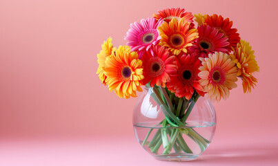 Photo of Gerber's in a glass vase on a pink background, copy space for text.