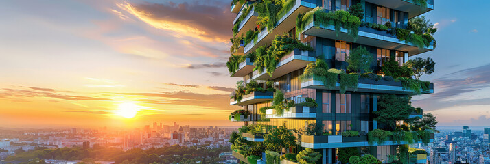 green building with balconies full of greenery overlooking the city at sunset.ecofriendly  building design, urban landscape, green environment
