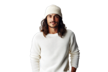 Relaxed Young Man with Long Dark Hair and White Beanie and Sweater - Transparent PNG