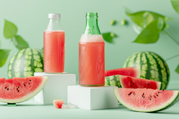 Photo of watermelon juice in glass and bottle on white geometric cube podium with slice, minimal concept
