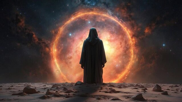 Man in front of a Space Portal.A space portal that seems to defy the laws of time and space. The illustration shows a concept of time travel and space exploration.