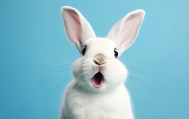 Surprised White Rabbit on Blue Background