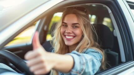 Beautiful smiling woman driving a car