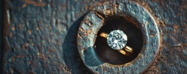 Macro shot of a diamond ring in a keyhole secrets and discoveries theme