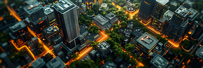 overhead view of a smart city adapting to changing environmental conditions, science and technology in action, realistic photography, copy space - obrazy, fototapety, plakaty