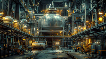 Futuristic industrial factory interior with large central tank and intricate piping under dim lighting