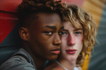 Two adolescent boys leaning against a colorful graffiti wall, sharing a contemplative moment
