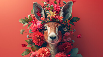 A rabbit with flowers on its head. The rabbit is surrounded by a red background. The flowers are of various colors and sizes