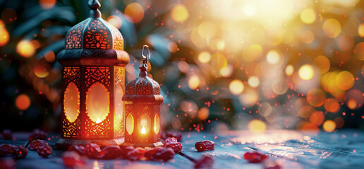 Ramadan background, with ample copy space for text and graphics, dates fruit plate on the table in front of lantern  - obrazy, fototapety, plakaty