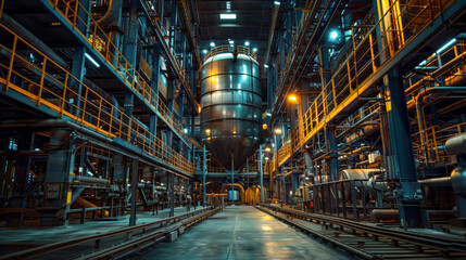 Nighttime view of an industrial plant interior with metallic structures and a central cylindrical tank