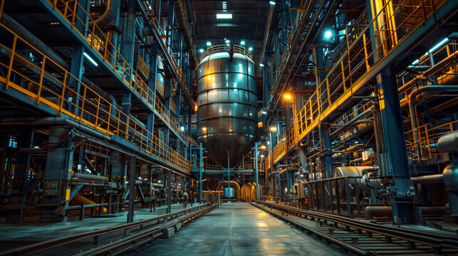 Nighttime view of an industrial plant interior with metallic structures and a central cylindrical tank