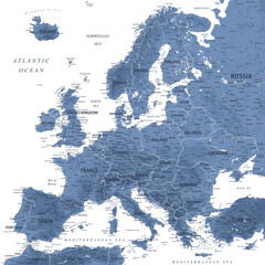 Europe - Highly Detailed Vector Map of the Europe. Ideally for the Print Posters. Grey Silver Monochrome Colors. Relief Topographic - obrazy, fototapety, plakaty