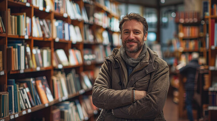 A man is standing in a library with a smile on his face. He is wearing a brown jacket and a scarf....