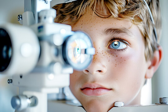 Close up of a doctor's hands using an eye phoropter machine to check a child's vision distance at a clinic.