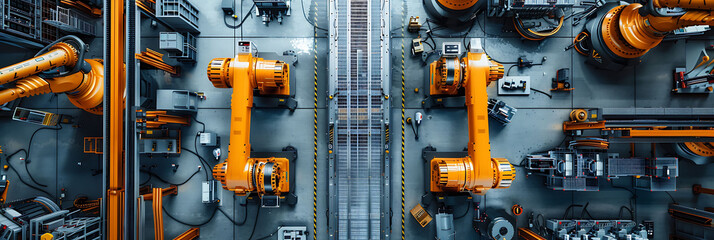 overhead view of advanced robotics in manufacturing settings, science and technology in action, realistic photography, copy space