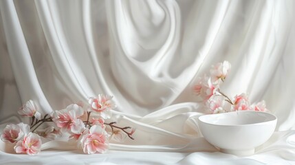 Feminine Still Life on White Silk Background with Text Space