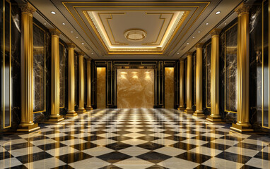 A lavish entryway featuring towering gilded columns, opulent wall panels, and an intricate, reflective marble floor creating an awe-inspiring, royal ambiance. - obrazy, fototapety, plakaty
