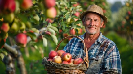 A portrait of a farmer holding a basket of freshly picked apples in an orchard. 