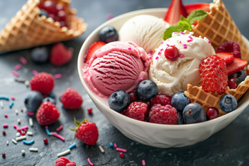 Vibrant mix of fresh berries and ice cream in a white bowl with waffle cones, on a grey stone table with sprinkles, in a closeup. summer background for menu or advertising design.