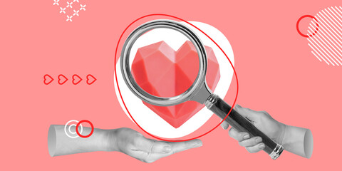 Search love concept. Hand with magnifying glass and hand with symbolic heart. Minimalist art collage