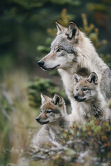Lobo cinzento e seus filhotes na natureza - Papel de parede
