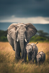 Fototapeta na wymiar Elefante e seus filhotes na natureza - Papel de parede
