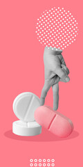 Contraceptives, medicines, hormones, vitamins or dietary supplements for women's health concept. Hand steps over white and pink tablets on pink background. Vertical minimalist art collage