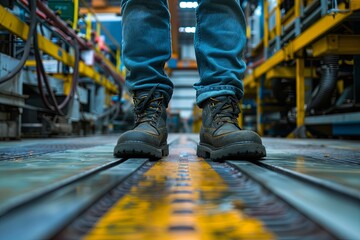 Worker wearing safety boots in industrial factory