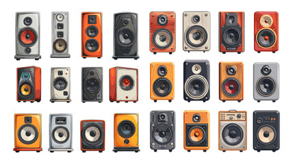 Sound speakers cartoon vector set. Studio professional parties concerts music listening devices illustrations isolated on white background