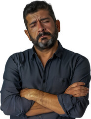 Hispanic man with beard showing a sad and worried expression cut out png on transparent background