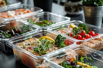 Prepared meals in plastic containers at a food counter