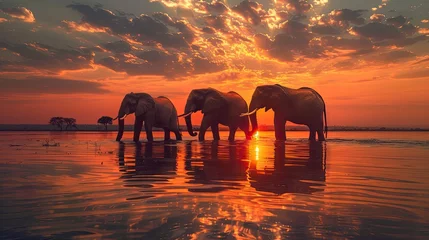Foto op Canvas Elephant walking in the water at sunset. Elephant background. african wildlife. safari adventure © Ilmi