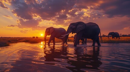 Elephant walking in the water at sunset. Elephant background. african wildlife. safari adventure