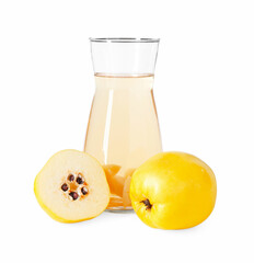 Tasty quince drink in glass carafe and fresh cut fruits isolated on white