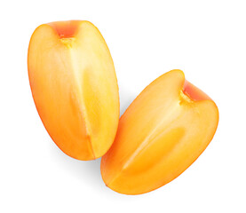 Pieces of fresh persimmon fruit isolated on white, top view