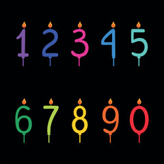 Happy Birthday set of hand drawn candle numbers on dark background. Rainbow colors. Holiday template bundle. Flat style. Vector illustration