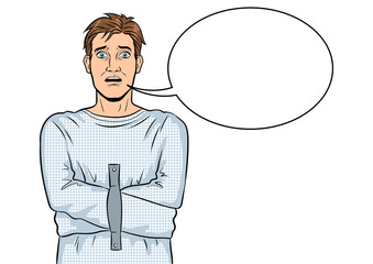 Man in straitjacket pop art retro PNG illustration. Text bubble. Comic book style imitation.