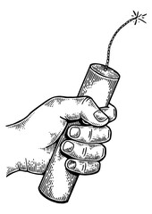 Hand with dynamite bomb engraving PNG illustration. Scratch board style imitation. Black and white hand drawn image. - 786477551