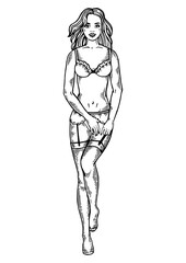 Young woman in underwear engraving PNG illustration. Scratch board style imitation. Black and white hand drawn image.