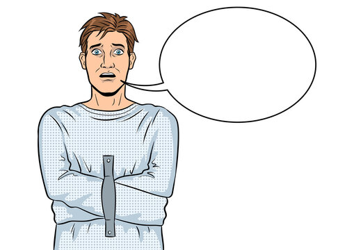 recommend clip art: Man in straitjacket pop art retro PNG illustration. Text bubble. Comic book style imitation.
