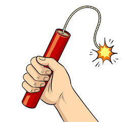 Hand with dynamite bomb pop art retro PNG illustration. Isolated image on white background. Comic book style imitation.