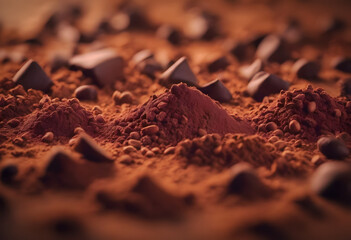 Close-up of rich cocoa powder with chocolate chunks and cocoa beans scattered on a surface,...