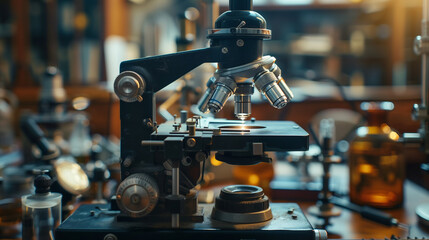 Vintage microscope with adjustable lenses in a classic science laboratory setting, surrounded by...