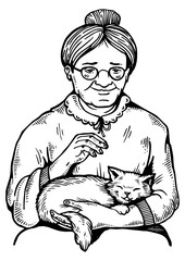 Old woman and cat engraving PNG illustration. Scratch board style imitation. Black and white hand drawn image.