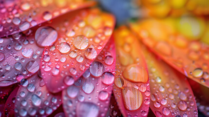 Macro shot of vibrant petals covered in raindrops, displaying a rich texture and a spectrum of colors.