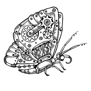 Mechanical butterfly animal engraving PNG illustration. Scratch board style imitation. Black and white hand drawn image.