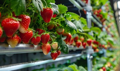 Strawberries growing in a greenhouse.